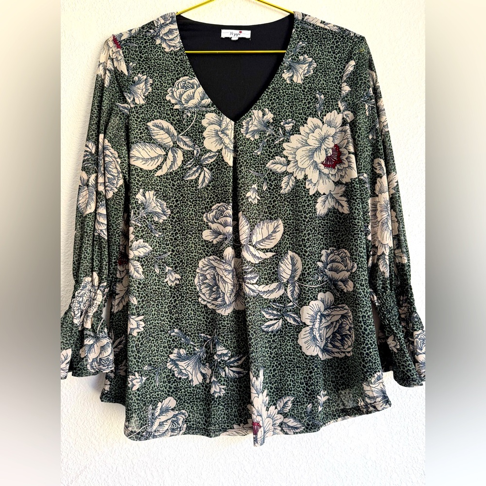 Poppi Floral Mesh Top Leopard Print Glitter Blouse Boho Glam Fairy Green Sz: M